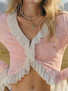 WESTFADE Floral Textured Stretch Lace Chiffon Ruffle Bell Sleeve Colorblock Fitted Cardigan Top - Multicolor - View 5