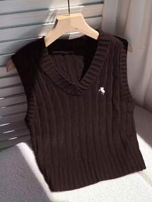 Comfortcana 加大码V领扭结骑马图案休闲毛衣背心，秋冬款 - 巧克力棕 - 查看 3