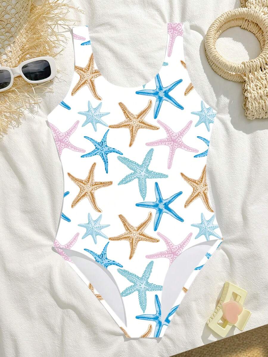 SHEIN 少女连体泳衣，可爱休闲多色海星针织面料连体泳衣套装，时尚优雅，适合游泳、夏季度假、海滩、泳池、节日派对