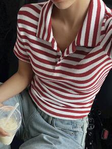 Livesso 女士宽松商务休闲条纹拼接Polo衫，时尚办公服饰，红色，适合春夏穿着 - 紅色 - 查看 6