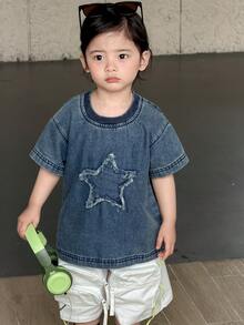 DAZY Toddler Boys' Round Neck Five-Pointed Star Korean Style Washed Denim Streetwear - Blue - View 6
