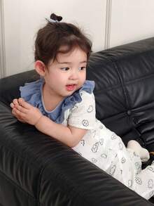 DAZY 2pcs Baby Girls Cartoon Print Ruffle Trim Top And Casual Pants Set, Comfortable Korean Style Loungewear Toddler Girls Clothes - Beige - View 4