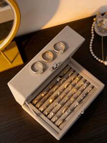 奢华丝绒首饰收纳盒，带抽屉和展示托盘 - 优雅戒指耳环架，时尚家居装饰，新年礼物，女士饰品展示佳品 - 彩色 - 查看 2