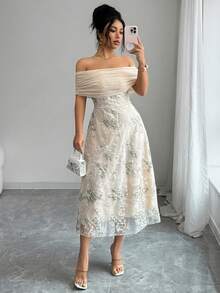 Modelyn 杏色女士网纱针织花卉刺绣露肩荷叶边优雅鸡尾酒会中长连衣裙，适合约会和正式场合 - 杏色 - 查看 4