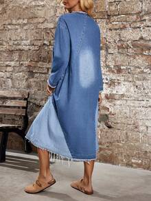 SHEIN LUNE Women's Round Neck Frayed Pocket Distressed Design Fashion Vacation Party Long Sleeve Denim Dress - Blue - View 2