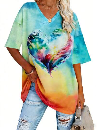 EMERY ROSE Women's T-Shirts Summer Gradient Graphics Tops, V-Neck Fashion Female Vintage Clothing Floral Print Tees,Short Sleeve Summer Top Colorful Tops For Women Women's Oversized Tee Shirts Summer T-Shirts Women Graphic Oversized Tee Oversized T-Shirts Women Graphic Oversized Tees Women Beach Shirts For Women Women's Oversized Tee Shirts Colorful V-Neck Tops Women