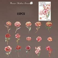 15张/包 复古3D立体纹理长茎花朵硬卡纸加厚贴纸套装，花卉阴影系列，适用于日记本、计划本装饰，异形工艺贴纸，学习用品，返校季 - 彩色 - 查看 22