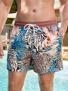 Manfinity VDAYZ 男士夏季动物纹抽绳腰带沙滩短裤 - 咖啡棕 - 查看 5