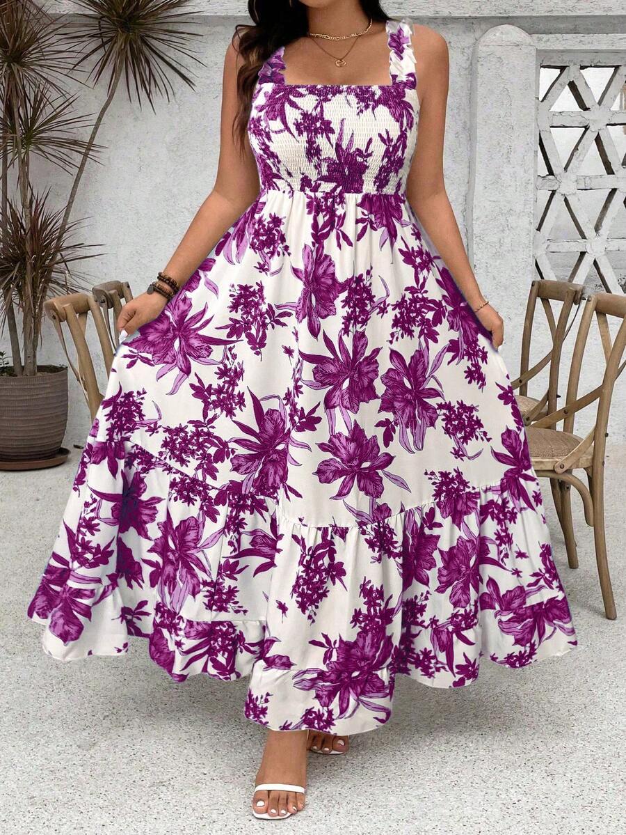Ceyna 大码女式印花荷叶边吊带可调节胸围A字连衣裙长款女装 - 紫色 - 查看 1
