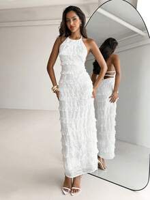 Aloruh Abito bianco in pizzo con scollo alla halter, adatto per feste e occasioni serali - Bianco - Visualizzare 4