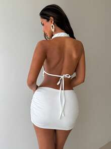 Aloruh Conjunto Elegante, Sexy e Romântico de Roupa Casual para Férias - Top Branca com Decote Drapeado e Recortes e Saia Míni Drapeada Colada ao Corpo, 2 Peças, Primavera/Verão - Branco - Visão 3