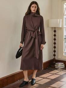 Dazy-Less Spring/Summer Formal Dress, Elegant Old Money Style Waist Cinched Long Dress For Wedding, Party, Banquet Business Casual Woman Sundress - Brown - View 3
