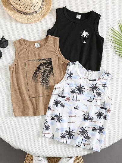 3pcs/Set Tween Boys Casual Vacation Style Palm Tree Print Sleeveless Loose Knit Tank Top Set, Suitable For School, Vacation, Spring & Summer