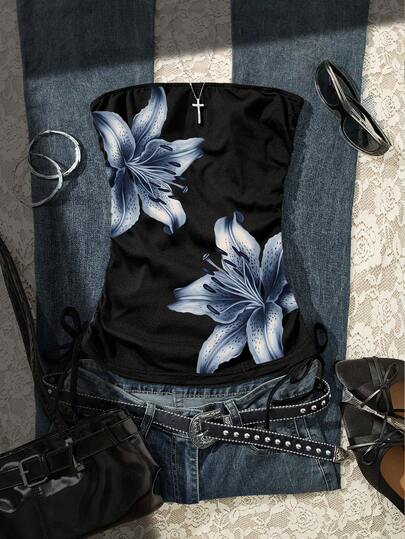 Glimmora Women's Floral Print Tight-Fitting Fashionable Bandeau Sleeveless Top