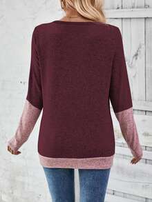 EMERY ROSE 女士休闲撞色拼接二合一T恤，秋季图案T恤女式上衣 - 彩色 - 查看 2