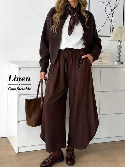 Easowa Women's Solid Color Knotted Pocket  Loose Balloon Pants Casual Loose Leg Pants Brown Linen Fabric Vacation Outfits Women Stylish Women's Pants,Brown Pants Women Linen Clothes Women Casual Pants Linin Pants Linnen Set Women Loose Pants