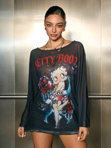 Betty Boop x SHEIN 女士时尚透视卡通肖像图案长袖上衣