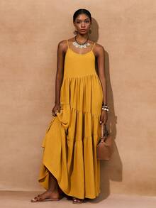 Zivah 2026春夏新款音乐节、复活节、圣帕特里克节、情人节、约会、西部风、游牧风、生日派对、毕业典礼、大学、学生、日常休闲、百搭、休闲、度假、邮轮、海滩、日光浴、爆款、街头风、婚礼宾客、波西米亚风、通勤、早午餐、机场、派对、假日郊游、办公室着装 黄色宽松开衩A字亚麻长裙 - 黃色 - 查看 8