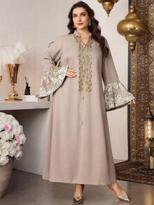 Al Najma Abito da donna elegante taglie forti con patchwork ricamato e paillettes, con dettagli in pizzo, in stile arabo - Grigio Chiaro - Visualizzare 3
