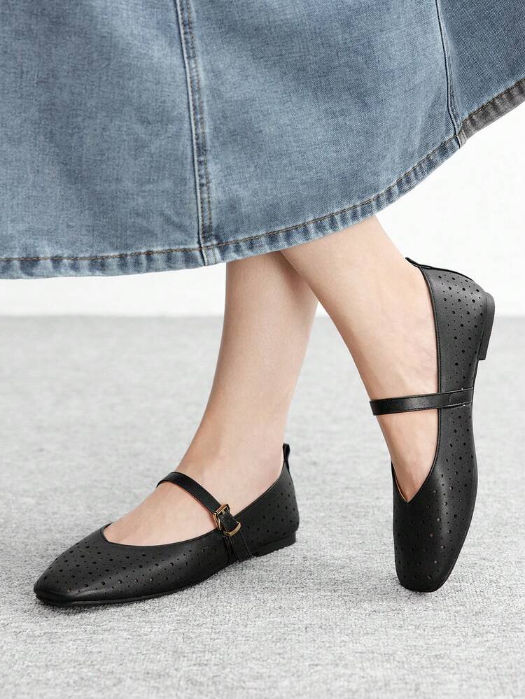 CUCCOO BIZCHIC New Spring/Autumn Black Flat Square Toe Hollow-Out Comfortable Flat Shoes For Women Valentine's Day