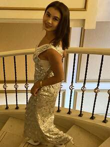 Livesso V-Neck Sequin Sleeveless Midi Party Dress For Wedding Guest Sparkly Dress Sundress - Apricot - View 5