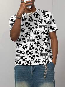 Tetris™ X SHEIN Men's Casual All-Over Print Round Neck Short Sleeve T-Shirt, Summer - White - View 1