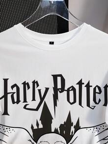 HARRY POTTER X SHEIN Women's Casual Letter & Owl Print Short Sleeve T-Shirt, Summer - White - View 3