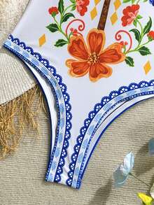 Soleia Summer Vacation Outfits Women Elegant Women's Beach Swimsuit Women's Palm Tree Print Tie Shoulder Fashionable One-Piece Swimsuit - Multicolor - View 4