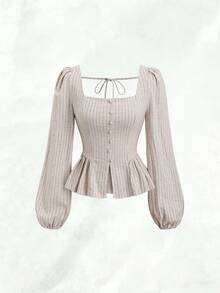 Chiquease French Style Striped Square Collar Women Shirt - Khaki - View 5