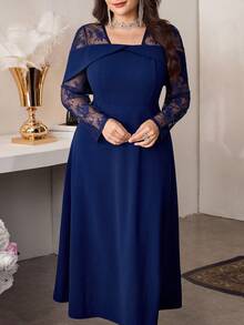Modelyn Elegant Solid Color Contrast Lace Long Sleeve Waist Flared Hem Plus Size Dress, Suitable For Spring And Autumn - Navy Blue - View 6
