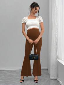 Momance Quần ống loe màu trơn có thể điều chỉnh eo dành cho bà bầu - màu nâu - Xem 5