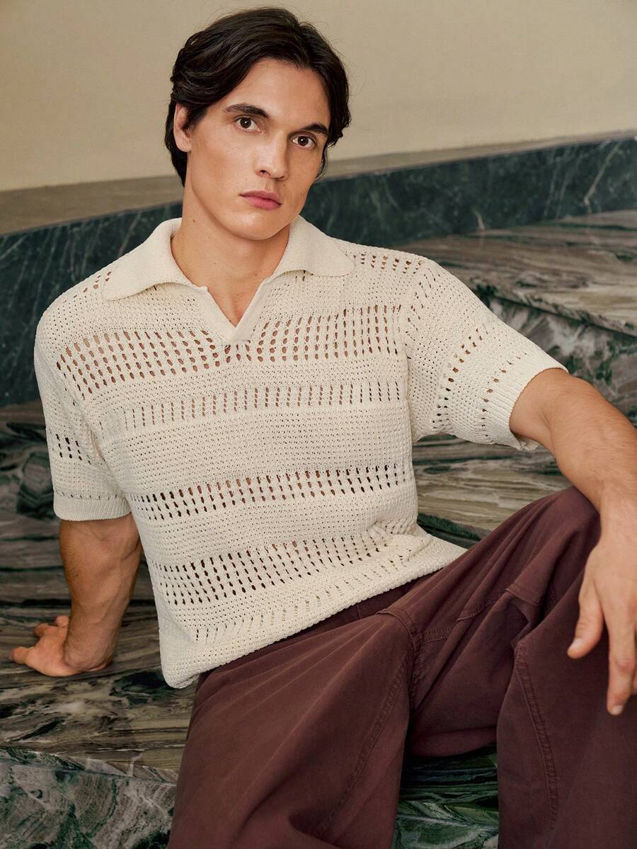 RONVEXI Men's Solid Color Hollow Out Casual Polo Collar Short Sleeve Knit Top Mens Crochet Shirt Fishnet Shirt Men Open Knit Shirt Men Mens Summer Tops V-Neck Sweater Short Sleeve Mens V Neck Sweater Short Sleeve Mens - Apricot - View 1