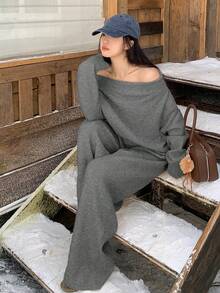 DAZY 女士露肩休闲纯色卫衣和宽松运动裤两件套家居服套装 - 灰色 - 查看 4