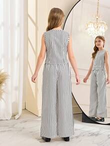 Tween Girl Striped Single-Breasted Top And Wide-Leg Pants Casual Suit - Beige - View 2