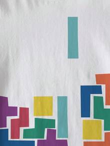 Tetris™ X SHEIN 少女休闲日常通勤游戏字母印花短袖白色T恤，夏季 - 白色 - 查看 3