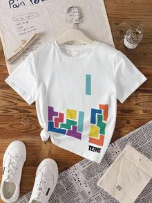 Tetris™ X SHEIN 少女休闲日常通勤游戏字母印花短袖白色T恤，夏季 - 白色 - 查看 7