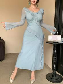 DAZY Đầm dài ngang gối thanh lịch dành cho nữ, phối ren, xếp ly ở gấu váy, thích hợp cho dự tiệc cưới mùa xuân/hè. - Màu xanh lam - Xem 9