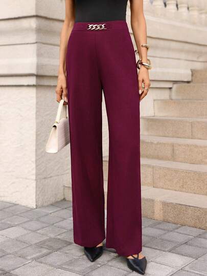 Editum Pantalones anchos y sueltos de color caqui elegantes y de oficina para mujer, pantalones de traje, versátiles, elegantes y clásicos de cintura alta con decoración metálica dorada