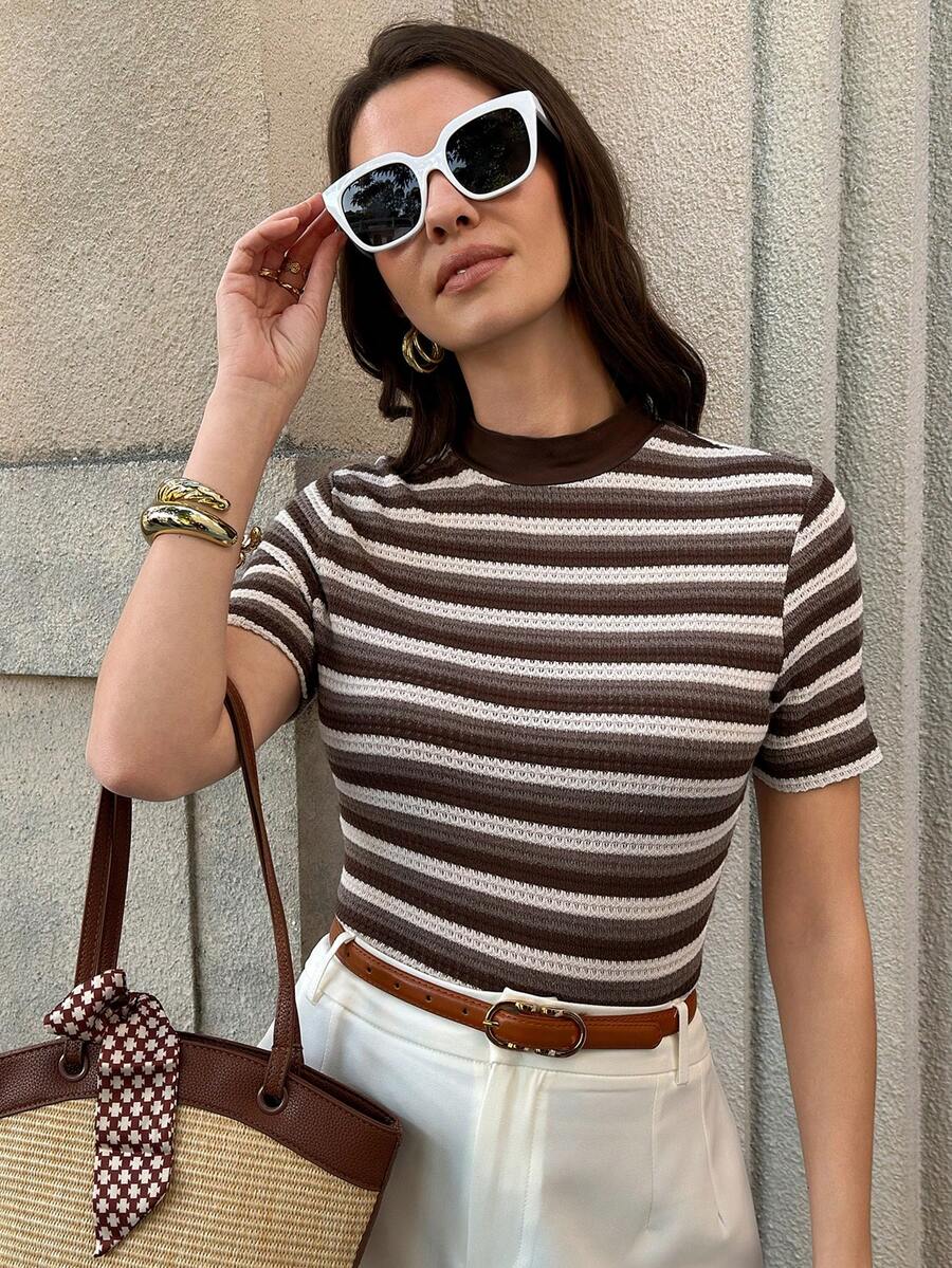 Solivie Women's Basic Striped Short Sleeve T-Shirt, Casual Daily Wear - Coffee Brown - View 1