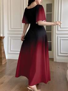 Modelyn 女士黑粉渐变蝙蝠印花褶皱短袖甜美法式夏日连衣裙 - 酒紅色 - 查看 2