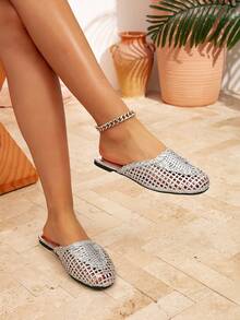 Rosivie Woven Hollow Breathable Closed Toe Semi-Slippers Women Wear New High-Grade Super-Fire Slippers In Summer. - Silver - View 9