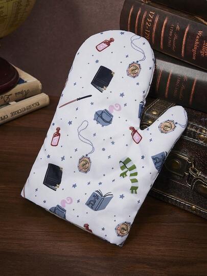 HARRY POTTER X SHEIN 1 pieza Guante de horno blanco con estampado de libro de dibujos animados, botella y estufa