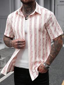 Manfinity CasualCool 男士条纹短袖单排扣休闲衬衫 - 粉色 - 查看 6
