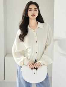 Heiryn Elegant Off-White Women's Loose Ribbed Button Up Blouse,Autumn Office Oversized Shirt For Vacation Wedding Guest Party,Spring Summer Cream Blouse - White - View 1