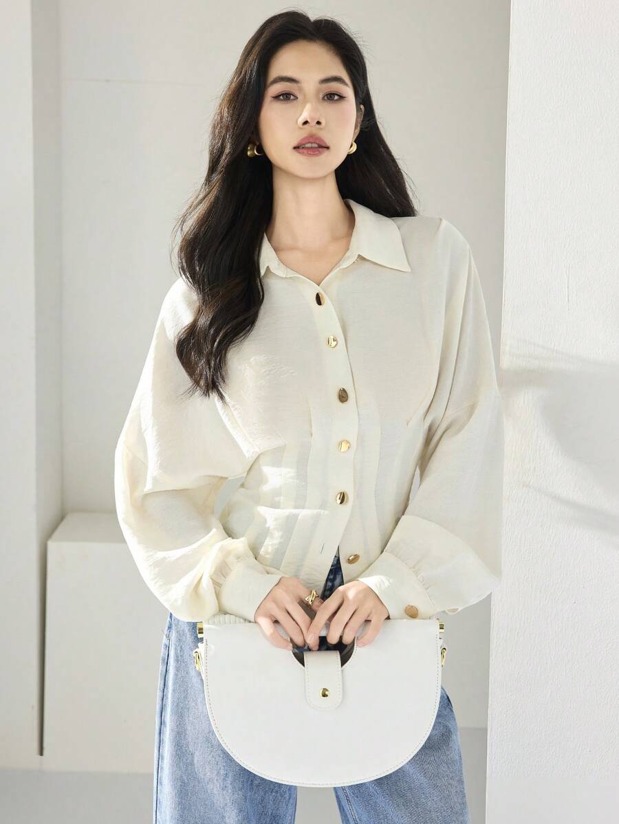 Heiryn Elegant Off-White Women's Loose Ribbed Button Up Blouse,Autumn Office Oversized Shirt For Vacation Wedding Guest Party,Spring Summer Cream Blouse - White - View 1