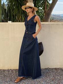 DAZY Women's Casual Washed Pocket Denim Vest & Skirt 2-Piece Set, Spring/Summer - Blue - View 4