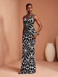 JIAN LASALA All-Over Print Mesh Halter Neck Tie Drape Neck Backless Bodycon Women Maxi Dress - Black and White - View 4