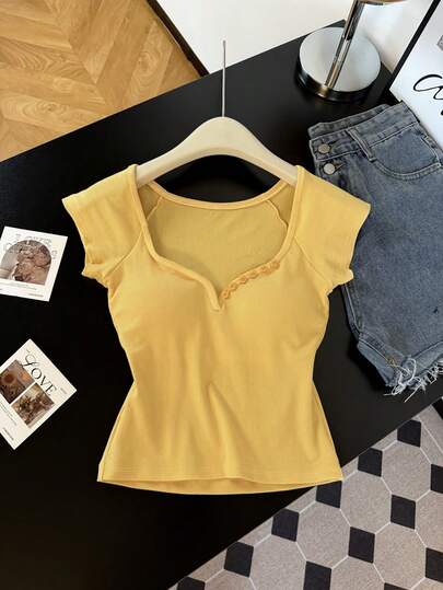 Resyla Women's Deep V-Neck Short Sleeve Fitted Knit Top, Revealing Collarbone