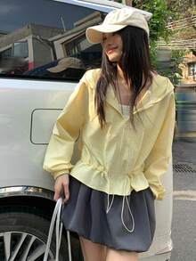 FRIFUL 女士亮色拉链前开襟落肩长袖休闲连帽外套 - 黃色 - 查看 6