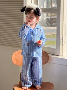 DAZY 2件套幼儿男童卡通条纹印花翻领长袖衬衫和裤子睡衣套装 - 藍色 - 查看 4